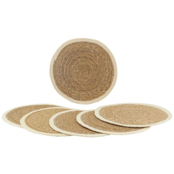 Sets de table ronds en jonc naturel et jute teinté (Lot de 6) - AUB-5258