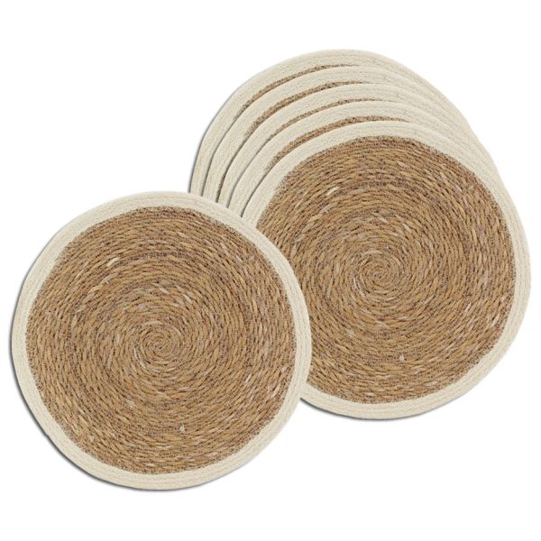 Sets de table ronds en jonc naturel et jute teinté (Lot de 6)