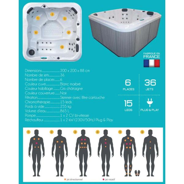 Spa rigide gris et blanc marbré jets et leds - LEK-0102