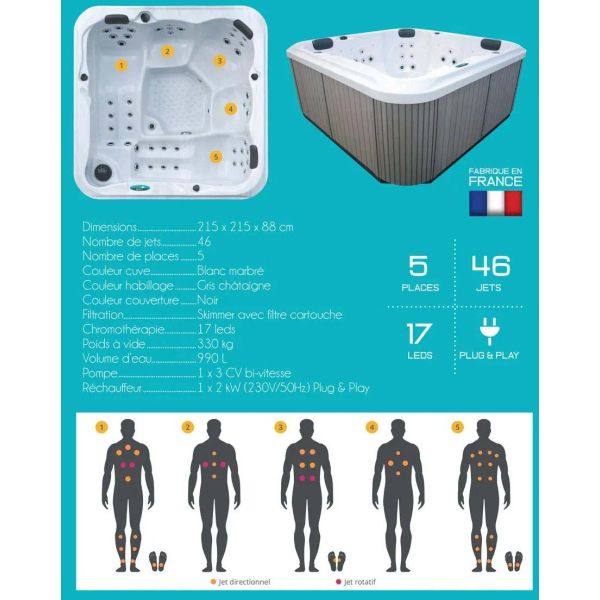 Spa rigide gris et blanc marbré jets et leds - LEK-0101