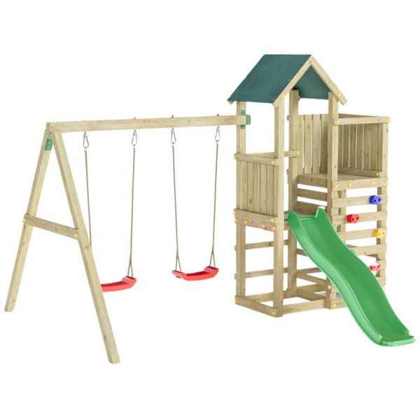 Structure de jeux en bois avec balançoires et toboggan Chester