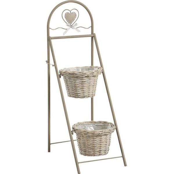 Jardinière 2 niveaux en métal beige et osier gris