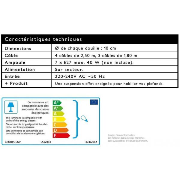 Suspension araignée cable rouge pour 7 ampoules - 34,90