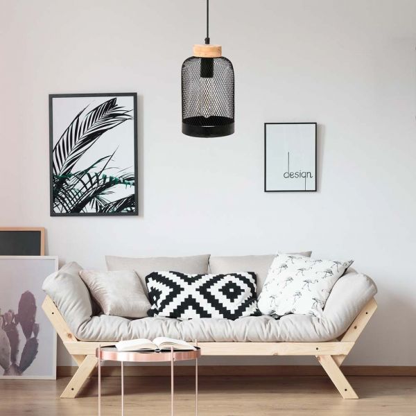 Suspension cloche métal grillagé et bois - 17,90