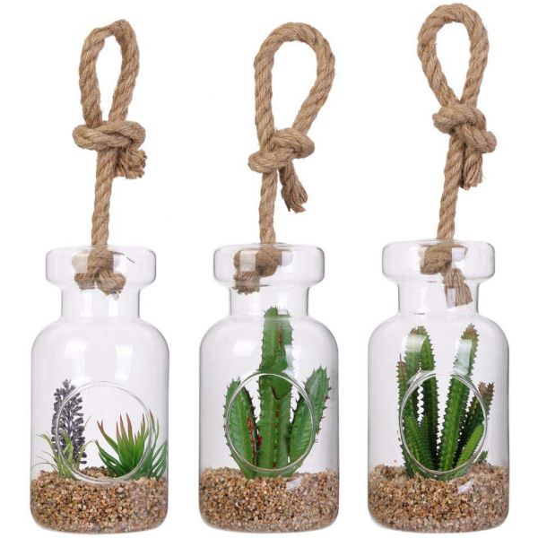 Suspensions en verre avec plantes artificielles 20 cm (Lot de 3)