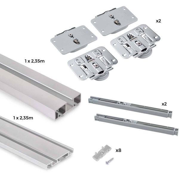 Système de montage en surface Flow en kit pour une armoire avec 2 portes coulissantes en bois avec fermeture souple.