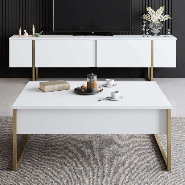 Table basse en aggloméré blanc et métal doré Luxe - 149