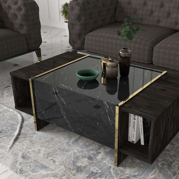 Table basse en aggloméré imitation marbre noir Veyron - HANAH HOME