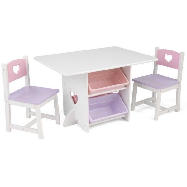 Table, chaises et bac rangement enfant en bois