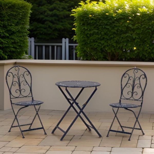Table et chaises de jardin en métal laqué bleu antique