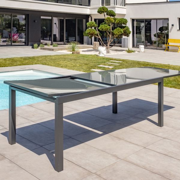 Table de jardin en aluminium et plateau verre avec rallonge intégrée Tolede - DCB-0196