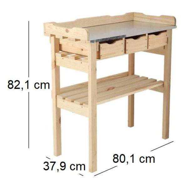 Table à rempoter en pin avec plateau zinc - ESS-1438