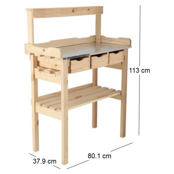 Table à rempoter en pin avec plateau zinc - 9