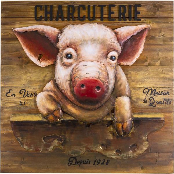 Tableau cochon en pin et fer Charcuterie 80 x 9 x 80 cm