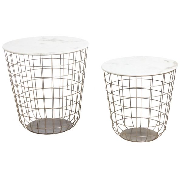 Tables en métal doré antique et marbre (Lot de 2)