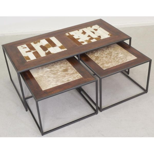 Ensemble 3 tables en bois, métal et peau de vache - 405