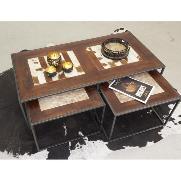 Ensemble 3 tables en bois, métal et peau de vache - 5