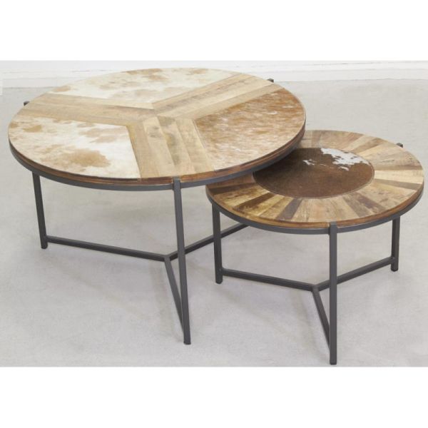Tables rondes en bois, métal et peau de vache (lot de 2) - 295