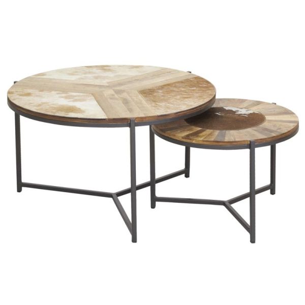 Tables rondes en bois, métal et peau de vache (lot de 2)