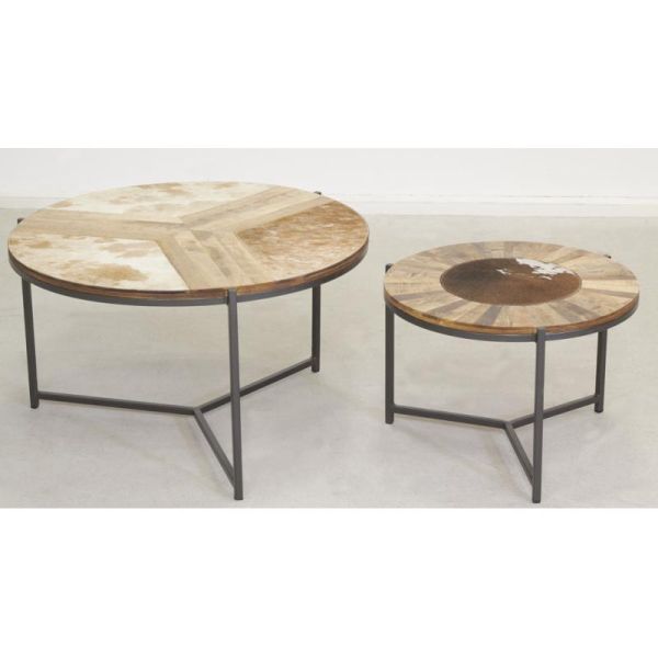 Tables rondes en bois, métal et peau de vache (lot de 2) - AUBRY GASPARD