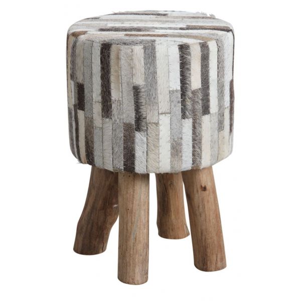 Tabouret rond en peau de vache grise