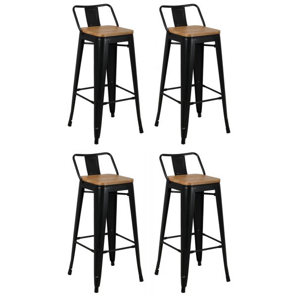 Tabouret de bar en métal laqué et bois d'orme huilé (Lot de 4)