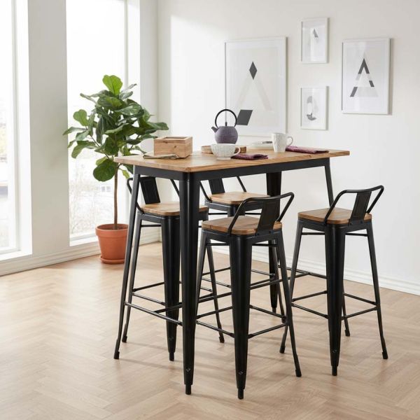 Tabouret de bar en métal laqué et bois d'orme huilé (Lot de 4) - AUBRY GASPARD