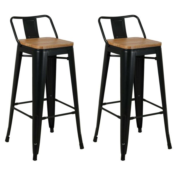 Tabouret de bar en métal laqué et bois d'orme huilé (Lot de 2)