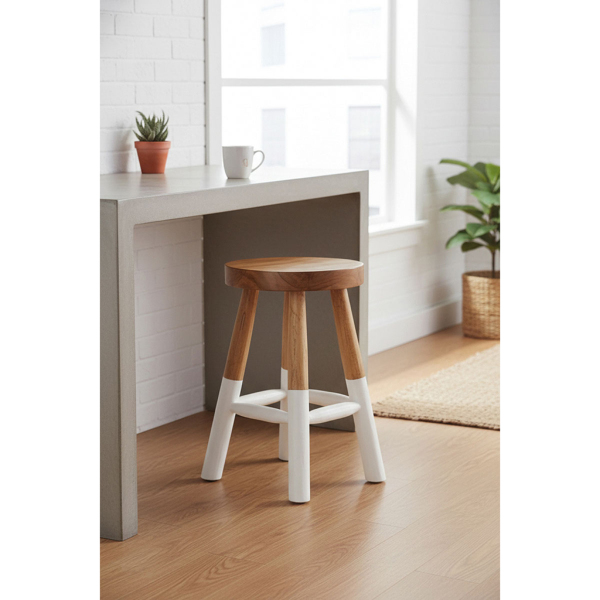Tabouret bas rond en teck massif naturel et blanc Arden - AUBRY GASPARD