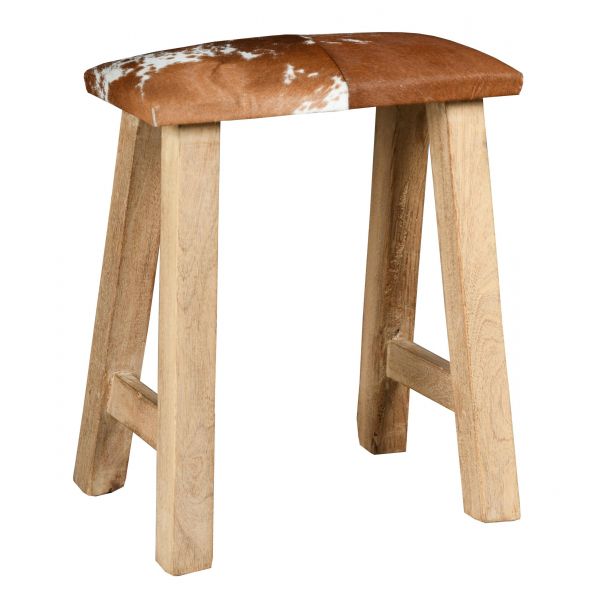 Tabouret rectangle en bois recyclé et peau de vache