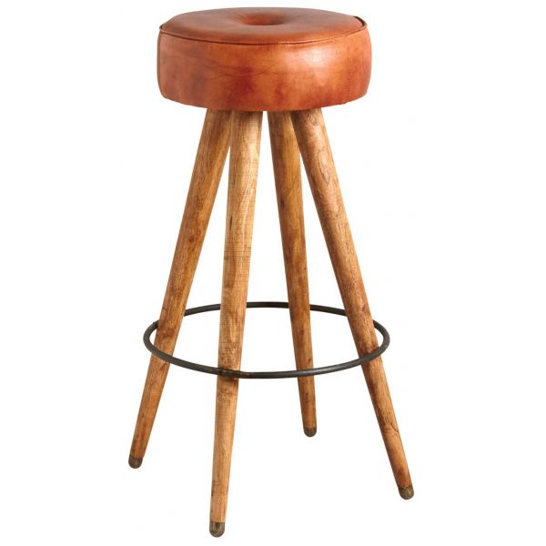 Tabouret en cuir de buffle avec pieds bois