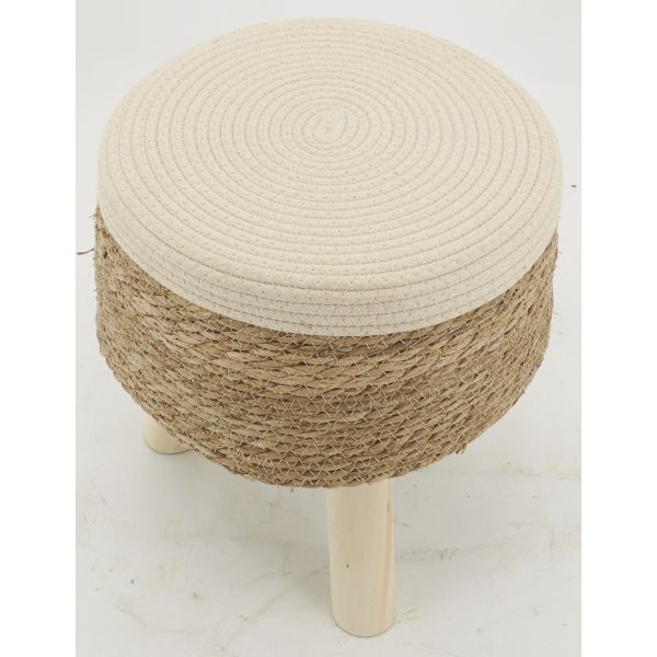 Tabouret en jonc, coton et bois naturel - AUB-6233