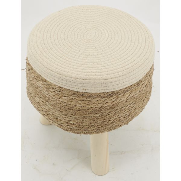 Tabouret en jonc, coton et bois - AUB-6233