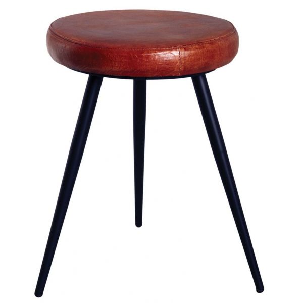 Tabouret rond en cuir de chèvre et métal