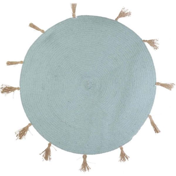 Tapis rond en coton pompons 90 cm (bleu)