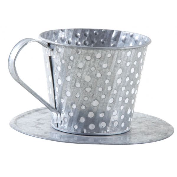 Tasse en métal gris avec pois blancs