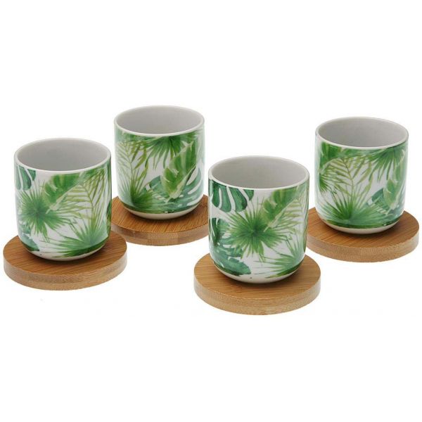 Tasse en porcelaine avec support en bambou Hojas (Lot de 4)