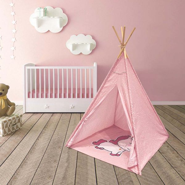 Tipi chambre enfant en tissu et bois (licorne)