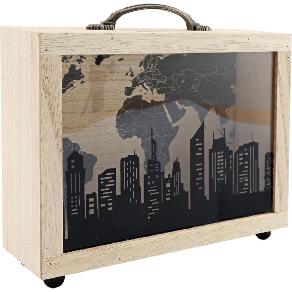 Tirelire en bois avec poignée City 22x20 cm