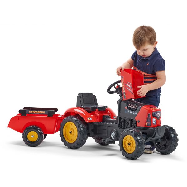 Tracteur à pédales enfant avec capot ouvrant et remorque Supercharger - 69,90