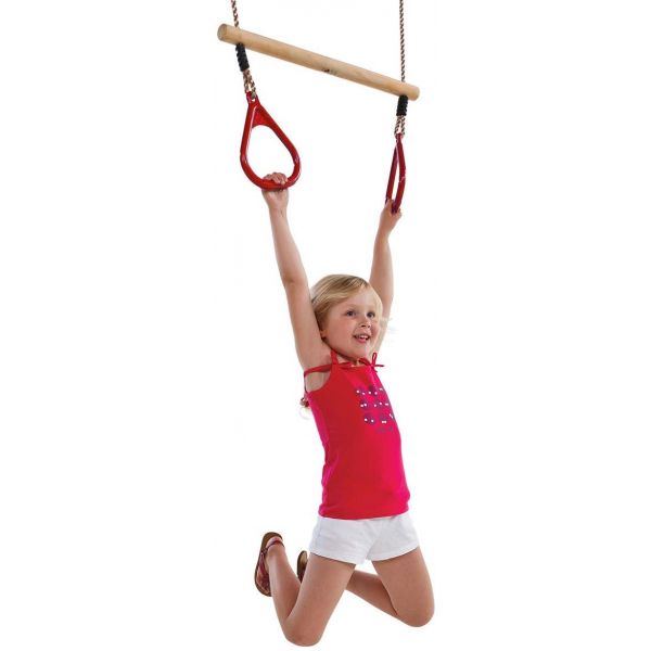 Trapèze en bois avec anneaux de gym rouges - 26,90