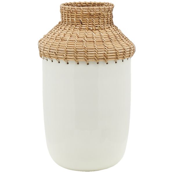 Vase en métal blanc et rotin