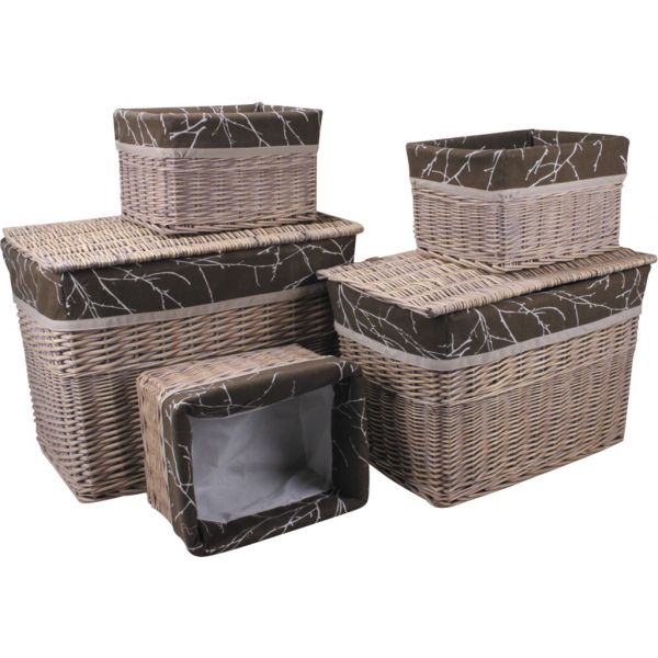 2 malles + 3 corbeilles en osier teinté (Lot de 5)