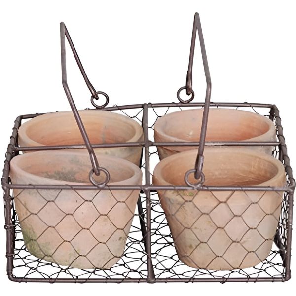 4 pots dans panier métal