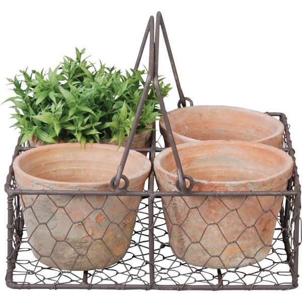 4 pots dans panier métal