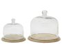 Cloches en verre + plateaux en manguier (lot de 2)