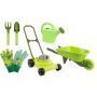 Gants + petits outils + arrosoir + tondeuse + brouette
