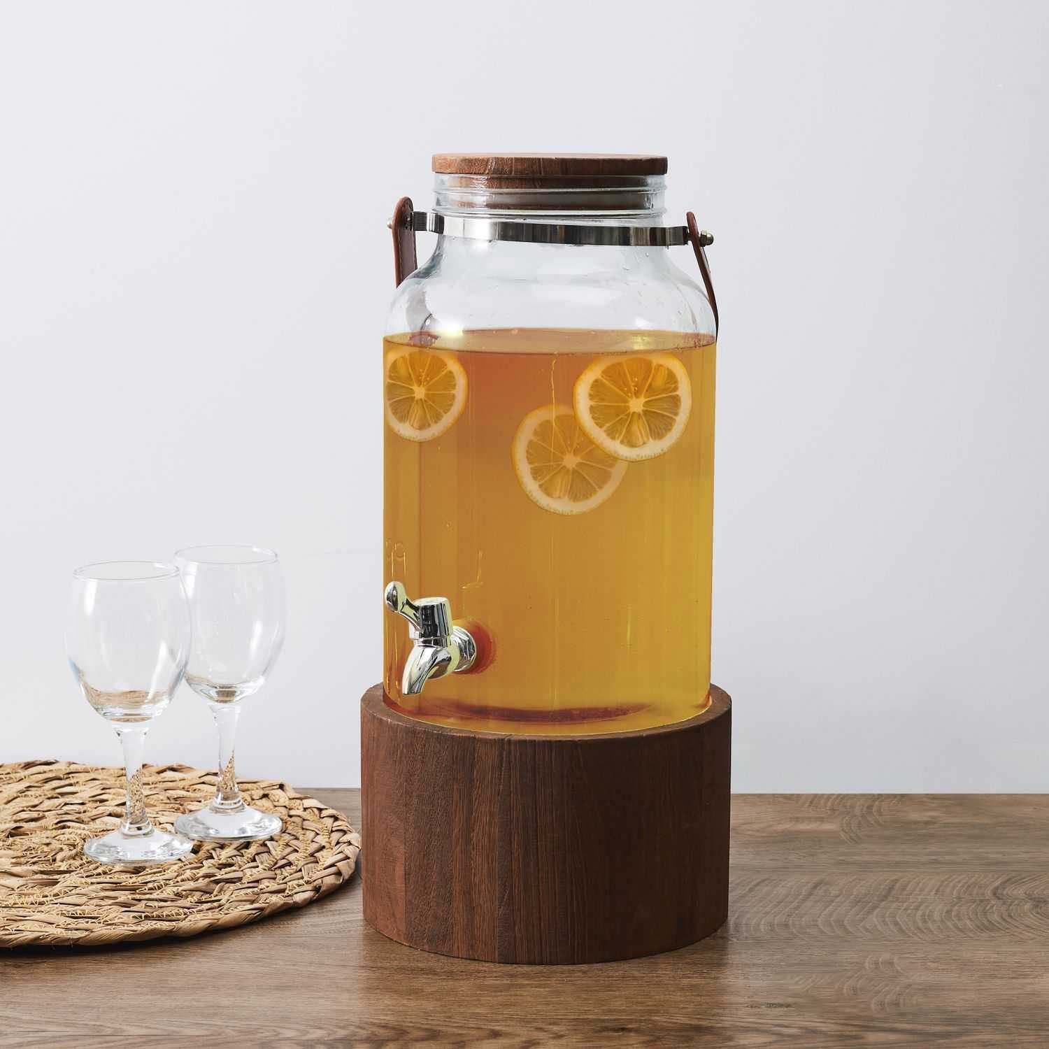 Distributeur de Boisson Vintage avec Robinet et Support, Fontaine à Jus en  Verre avec Couvercle en Acier Inoxydable, Distributeur de Boissons Fraîches