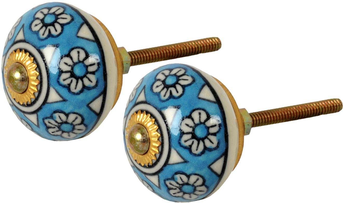 Bouton de porte rond bleu fleurs (Lot de 2)