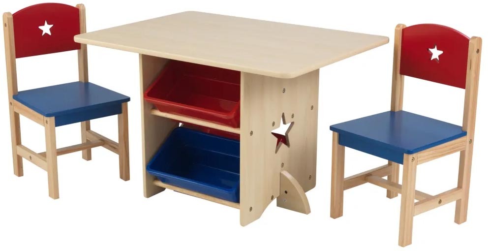 Table, chaises et bac rangement enfant en bois Etoile